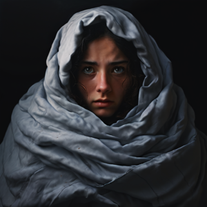 "A young woman wrapped tightly in a blanket, looking fearful and hesitant, symbolizing the comfort zone and the fear of stepping out into the unknown." 