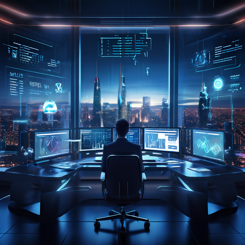 A high-quality image of a futuristic business environment showcasing a professional analyzing data on multiple screens with a city skyline in the background, representing AI business models.