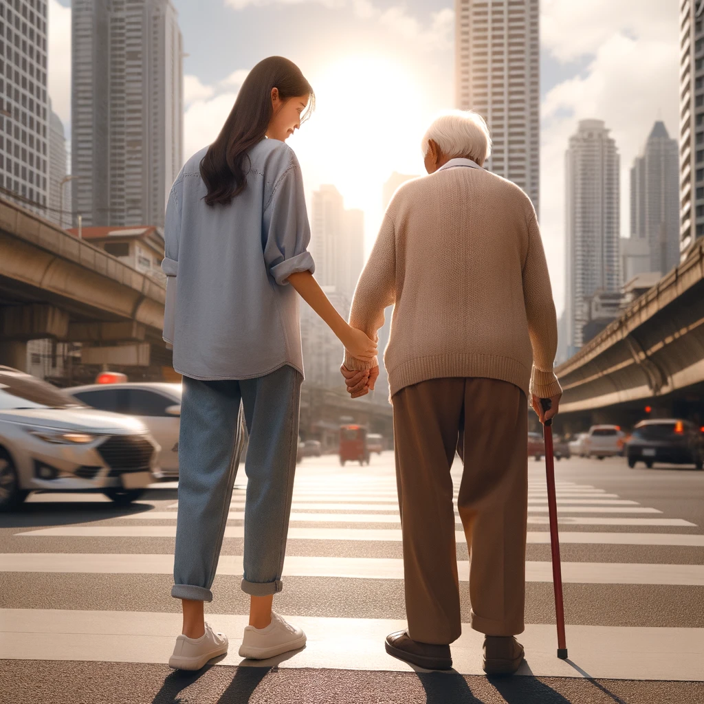 Person helping an elderly individual cross the street, demonstrating everyday leadership.