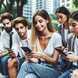 A group of young professionals in an urban park setting, engaging in activities.