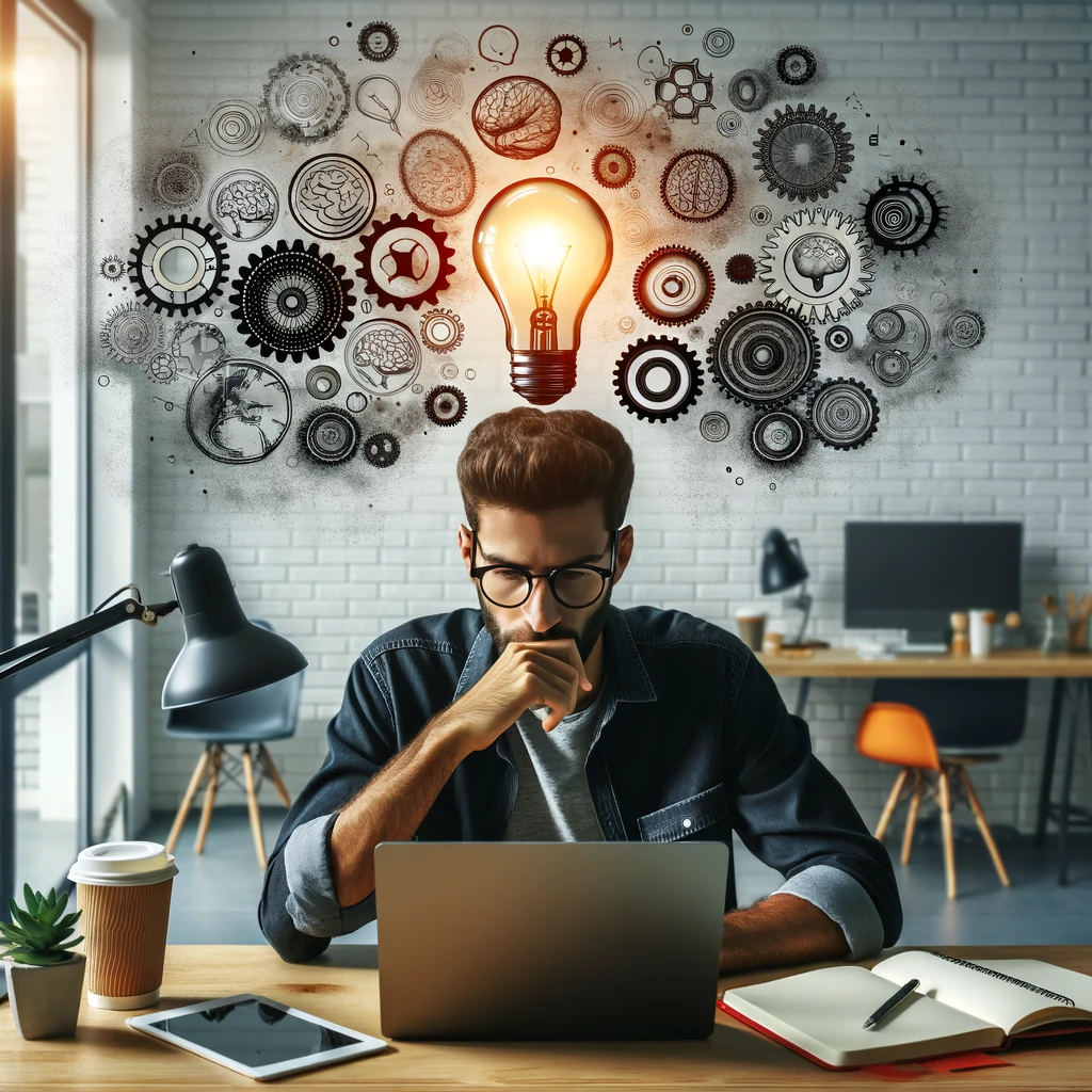 A person sitting at a desk, deep in thought, with light bulbs, gears, and brain illustrations symbolizing idea generation and creativity.