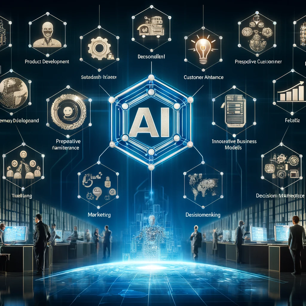 Futuristic business environment showcasing AI technology in various applications, including product development, personalized customer service, predictive maintenance, data analytics, innovative business models, decision-making, marketing, and sustainability.