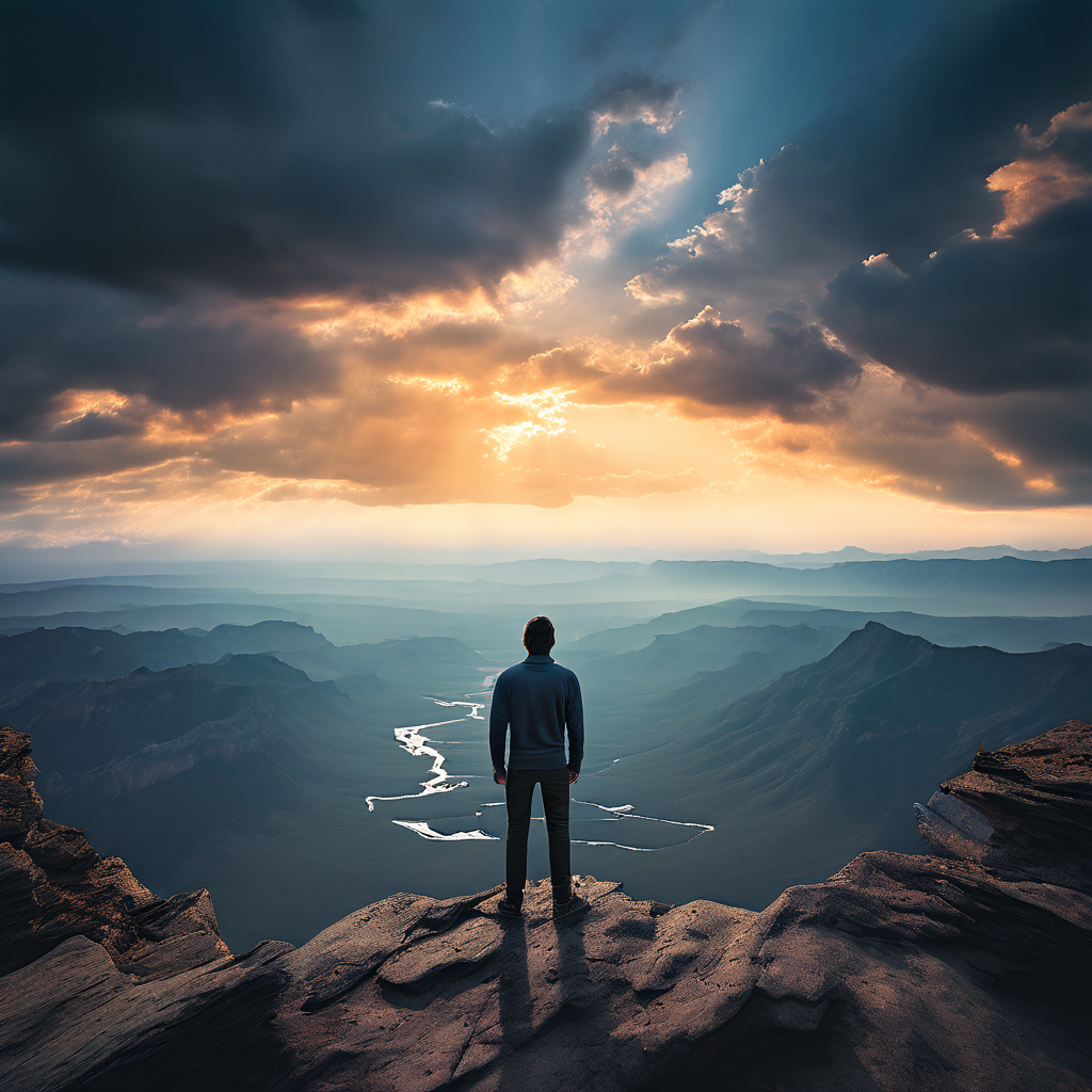 "A person standing at the edge of their comfort zone, looking out at a vast area filled with challenges and opportunities, symbolizing the concept of understanding the fear of failure."