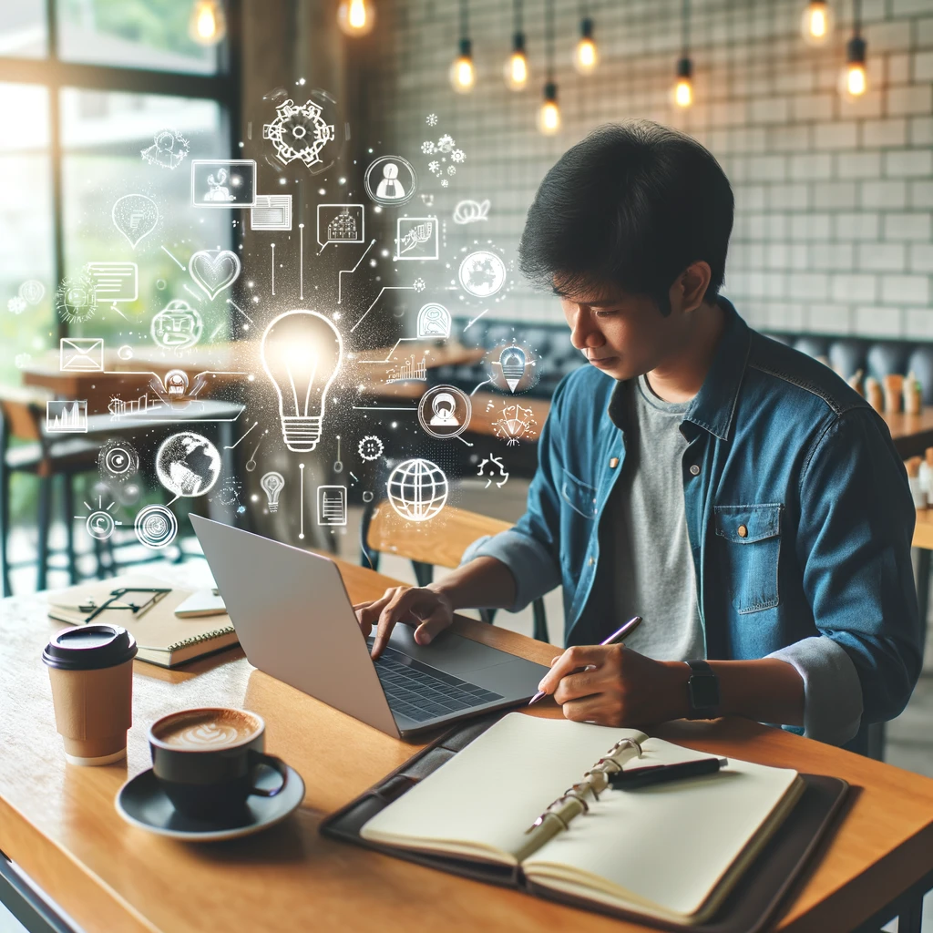 An individual brainstorming business ideas at a desk with a laptop and notebooks.