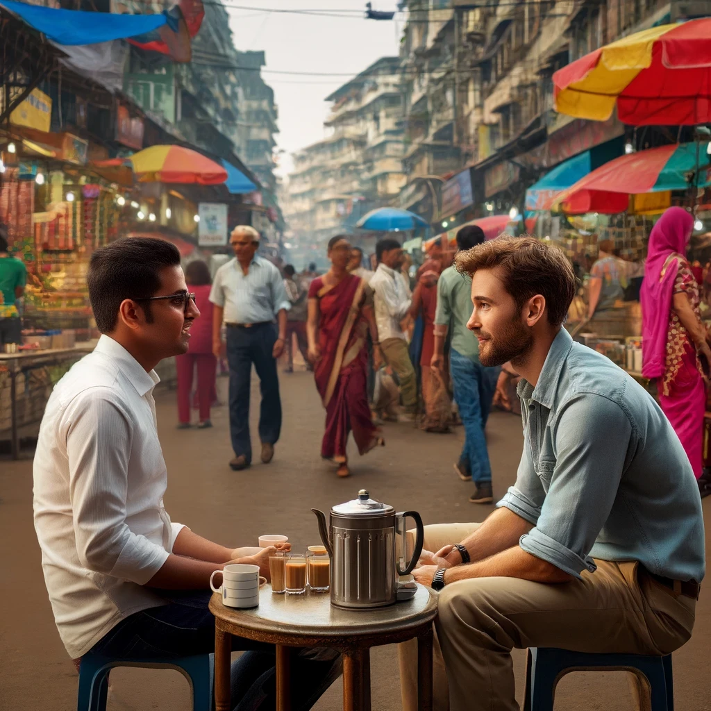 Two male entrepreneurs having a conversation over chai at a bustling street market in Mumbai, with vibrant stalls and people shopping in the background.