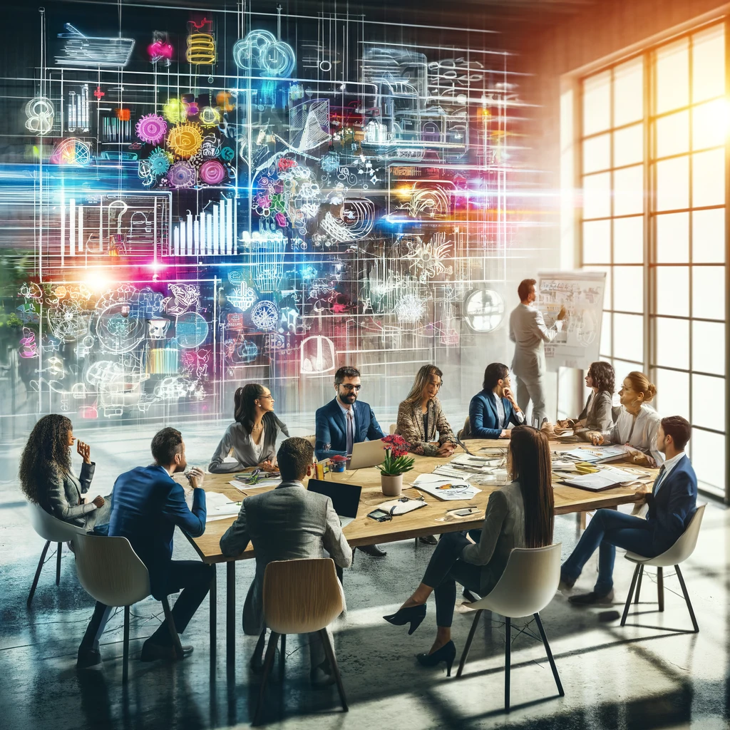 A diverse group of professionals brainstorming in a modern office setting, with whiteboards filled with colorful diagrams and sticky notes, symbolizing the process of generating innovative business ideas.