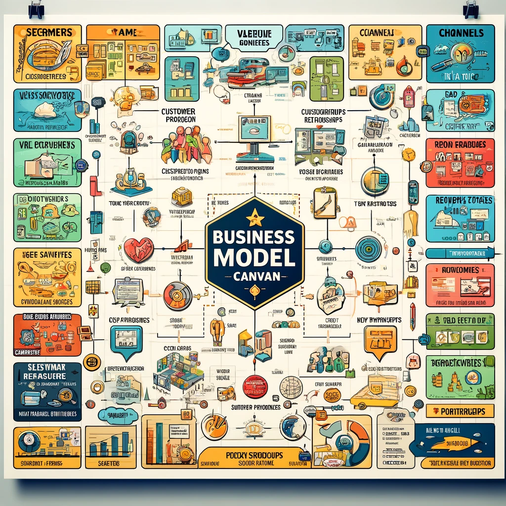 A detailed illustration of a business model canvas divided into nine sections: Customer Segments, Value Proposition, Channels, Customer Relationships, Revenue Streams, Key Resources, Key Activities, Key Partnerships, and Cost Structure. Each section is clearly labeled with colorful graphics and brief descriptions.