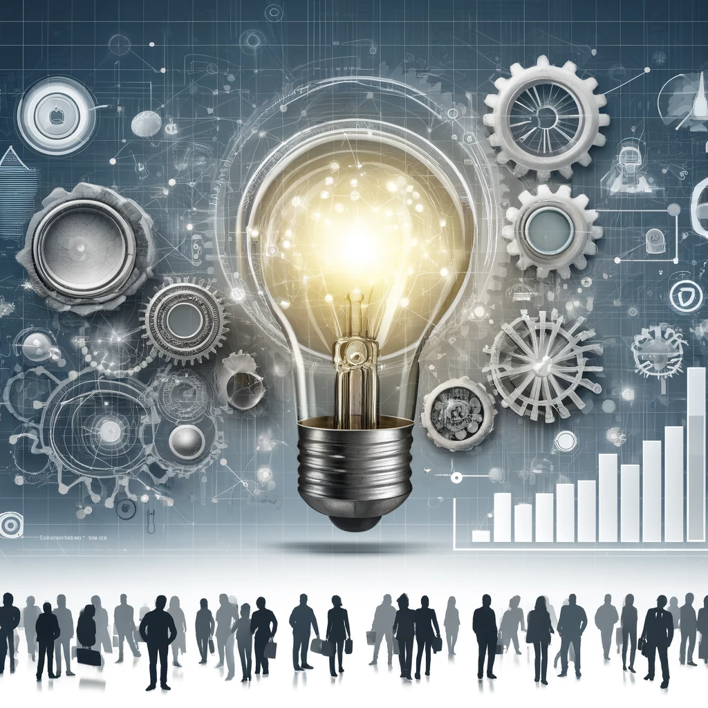 Illustration of business model innovation with a light bulb, gears, bar graph, and interconnected people.