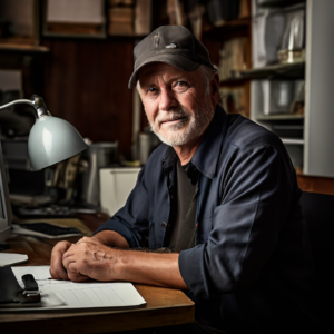 An older man sitting at a desk in an office, looking content but not particularly enthusiastic, representing job security and comfort zone.