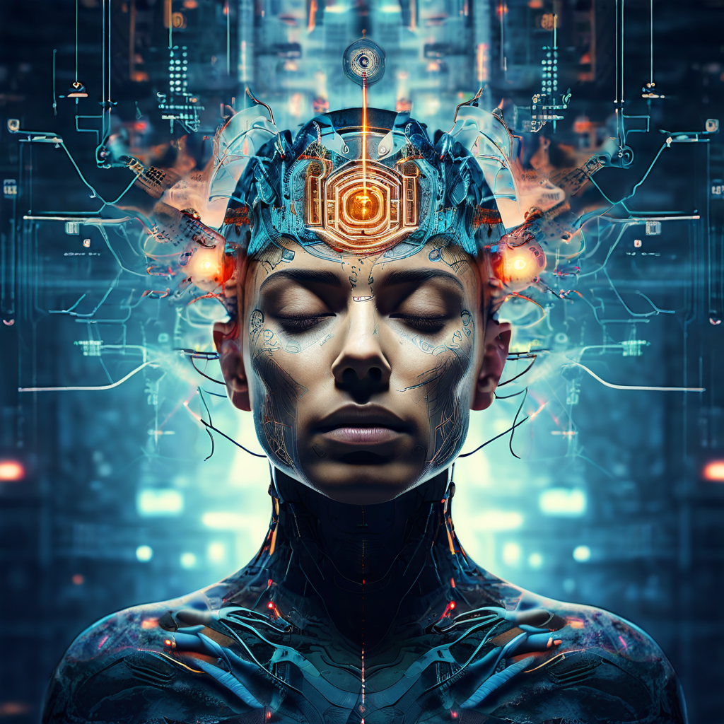 Person with futuristic machinery attached to their head - Illustration for the article 'Rewire for Success: Reprogramming Your Thinking Habits Step-by-Step