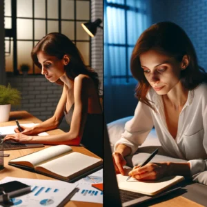 A female entrepreneur sitting at a desk during the day, brainstorming and researching market trends, transitioning to reviewing notes at night.