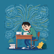 Cartoon illustration of a frustrated boy sitting at a study desk, depicting the limitations of surface-level learning in school