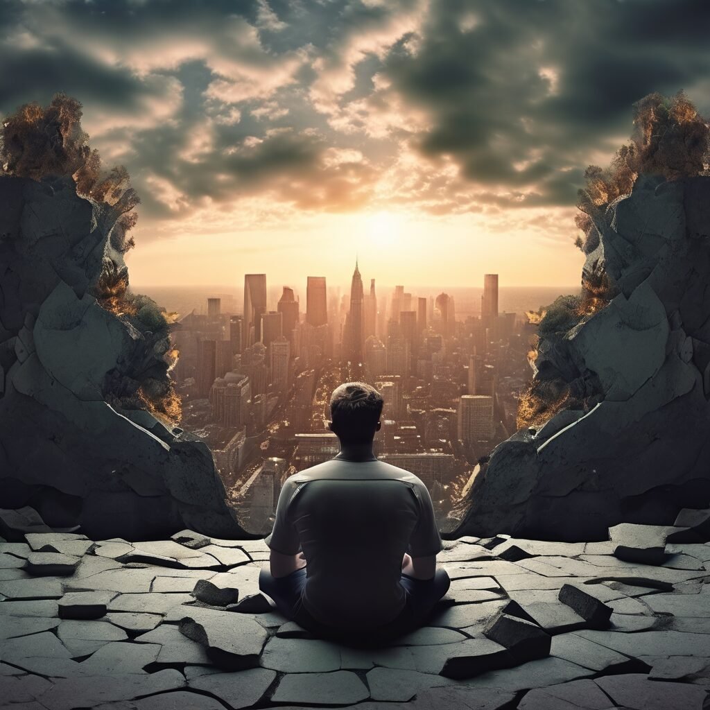 Metaphorical illustration of a boy sitting inside an old worn-out building, overlooking a cityscape with tall skyscrapers representing missed opportunities