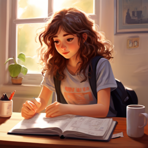 A young woman with curly hair, sitting at a desk with a notebook and a cup of coffee, engaged in her morning routine.