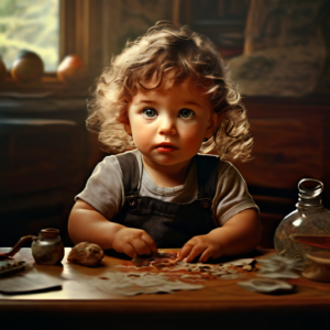 A young child with curly hair sitting at a table, engaged in an activity, symbolizing the formative years of early childhood.