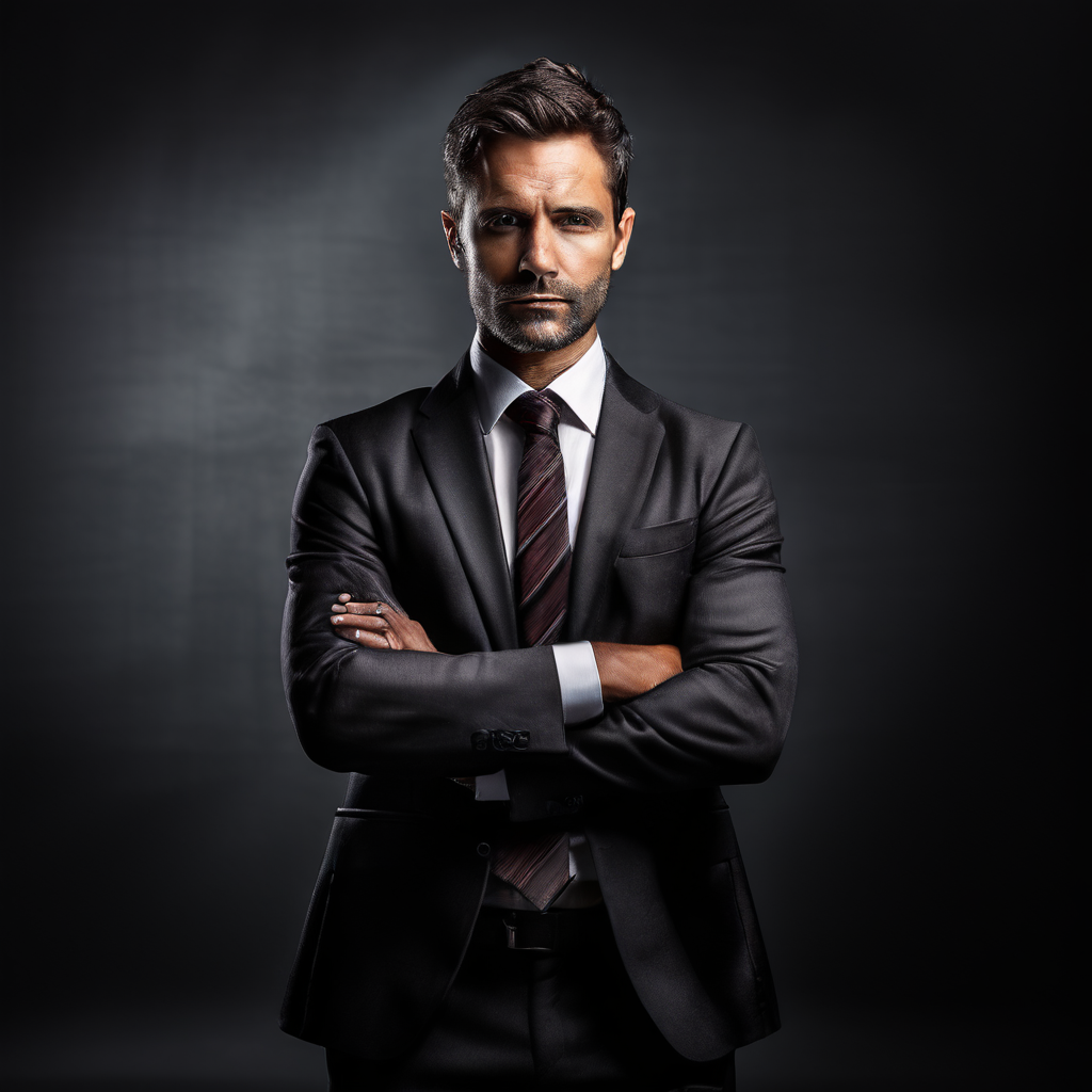 Confident business leader in a suit, standing with arms crossed against a dark background.