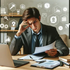 A young professional sitting at a desk with a stressed expression. Title: Facing Mental Health Challenges