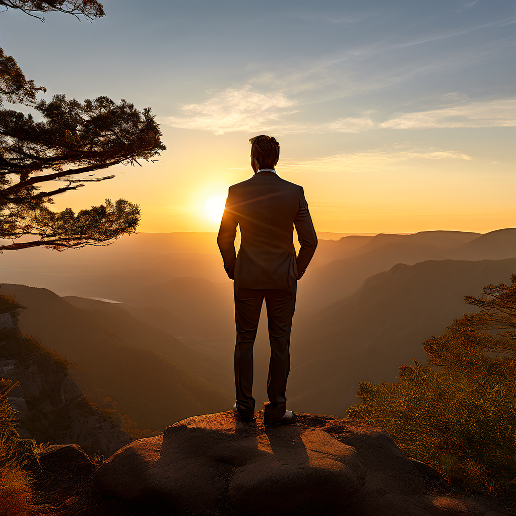 An entrepreneur standing confidently at the edge of a cliff, overlooking a vast landscape, symbolizing the courage to step out of the comfort zone.