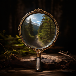 A magnifying glass focusing on a path through a forest, symbolizing the process of identifying and examining limiting beliefs.