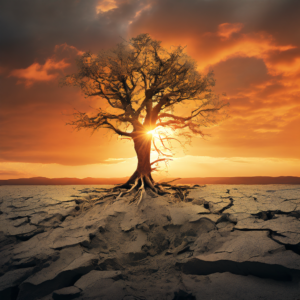 A lone tree standing strong in a barren, cracked landscape with the sun shining through its branches, symbolizing resilience.