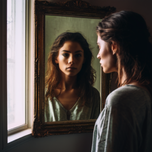 A woman looking at herself in a mirror, symbolizing introspection and self-awareness.