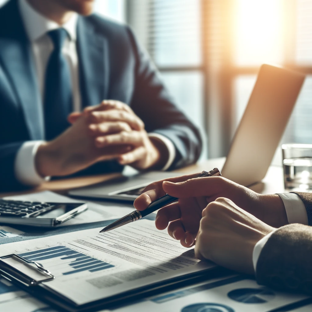 Two professionals engaged in a business negotiation, sitting at a table with documents and a laptop.