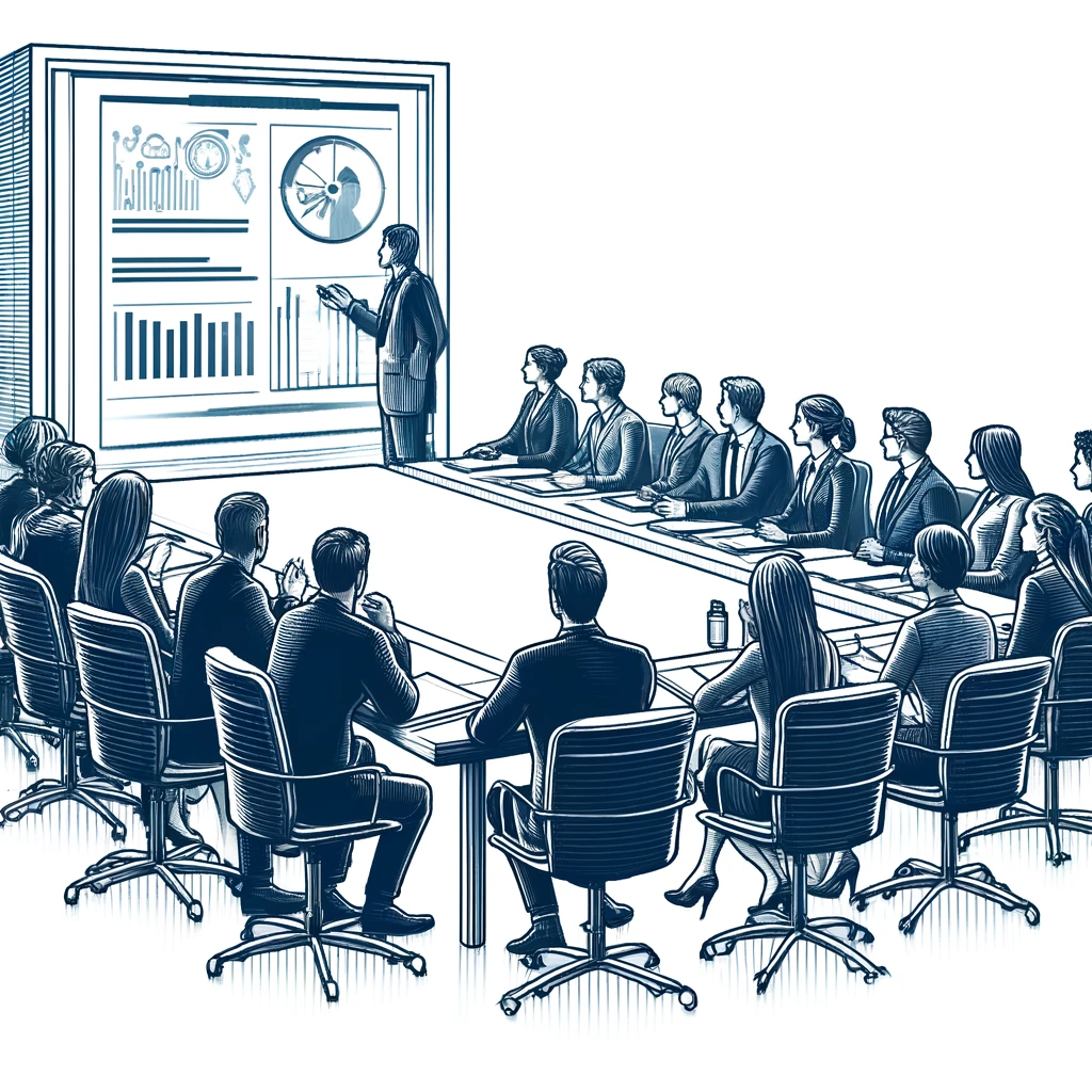 A group of professionals in a business meeting, following an agenda on a large screen.