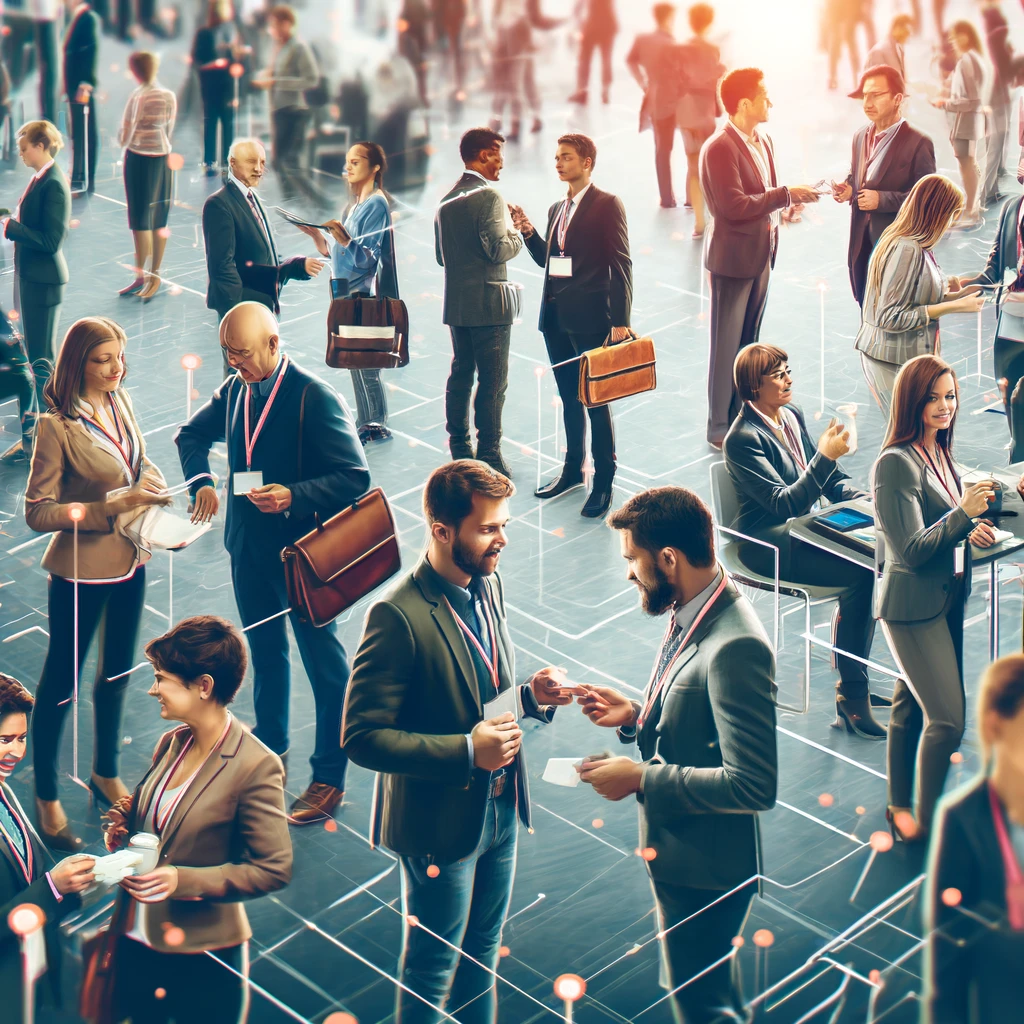 Entrepreneurs engaging in conversations and exchanging business cards at a conference.