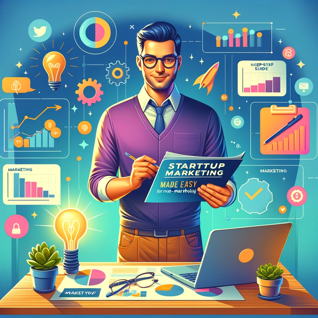 Startup Marketing for Non-Marketing Entrepreneurs – A vibrant, simplified guide for startup founders exploring key strategies like social media, customer engagement, and business growth.