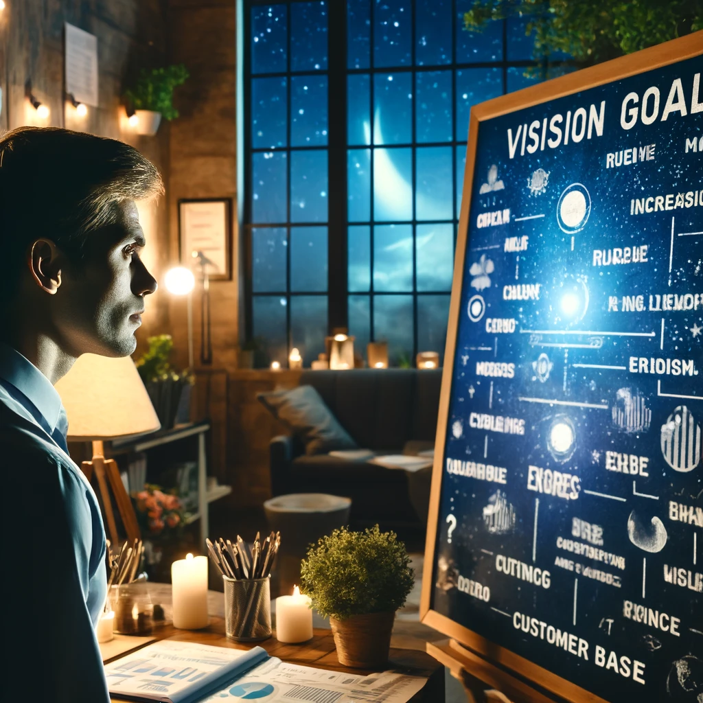 Business owner visualizing goals at night, focusing on milestones like increasing revenue and expanding customer base.