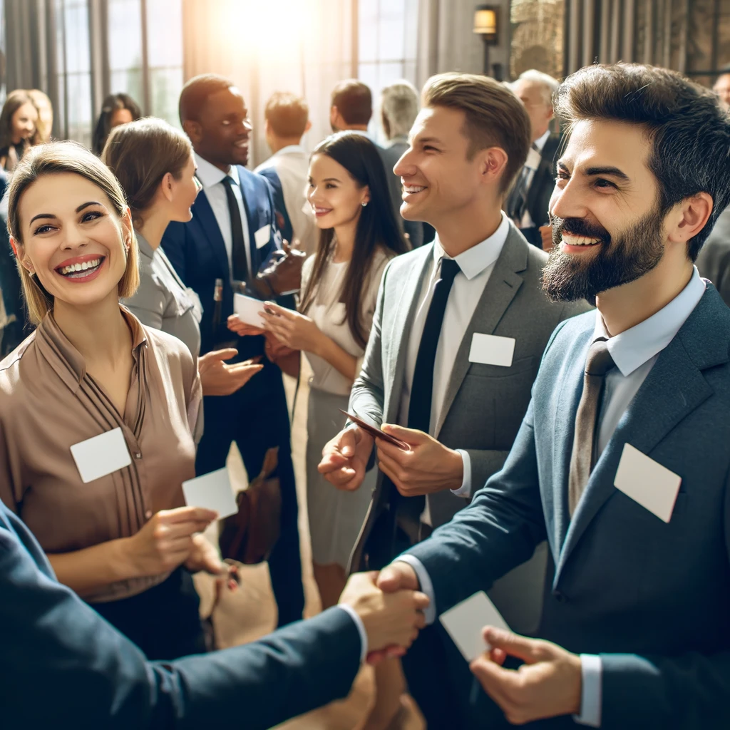 A diverse group of professionals at a networking event, engaging in lively conversation and making connections.