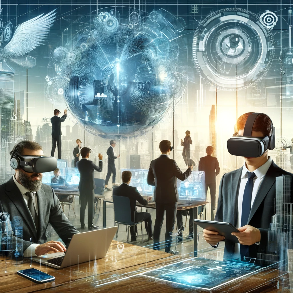 A futuristic business environment with both VR and AR elements.