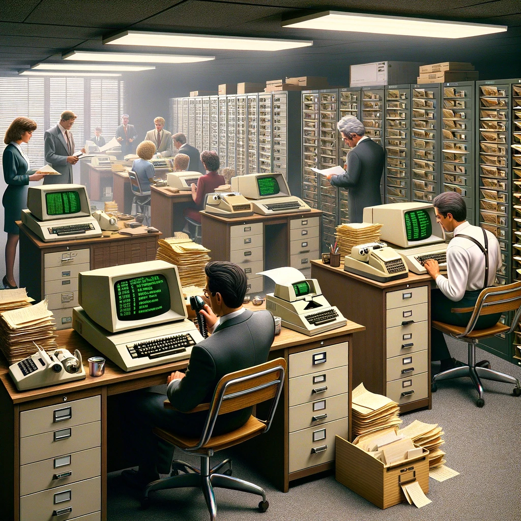 Office environment in the 1990s with employees using outdated computers and filing systems.