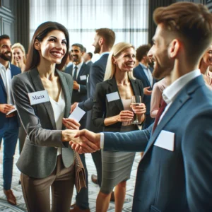 Maria engaging a potential business partner at a networking event, initiating a conversation.