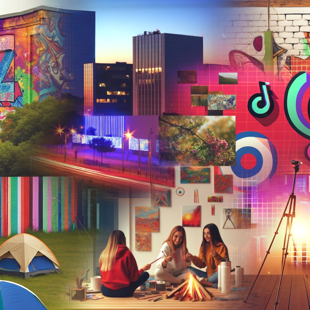 A colorful collage featuring vibrant murals on buildings, cozy camping sites with tents and campfires, artistic studios with paintings and art supplies, and people engaging with DIY art kits. The background subtly incorporates symbols of social media trends like TikTok and Instagram.